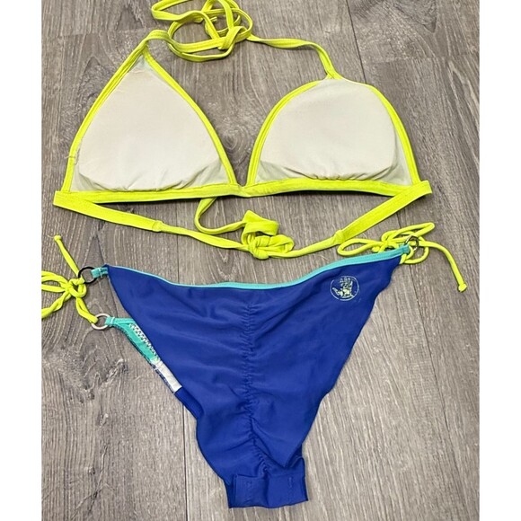 Body Glove Bikini Set Small Cheeky‎ Bottoms Tie Side Triangle Top Blue Neon Swim - Picture 2 of 8